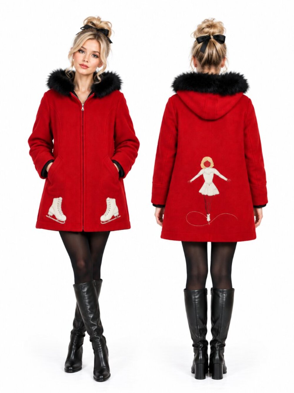 Vintage Wool Parka Coat 60s Red Wool Figure Skater Appliqué Hooded Large